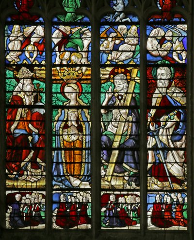 Fenster, das die Krönung der Jungfrau mit St. Paul und den Familien der Spender darstellt, 1460-70 von French School